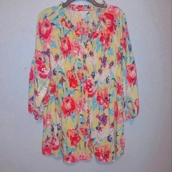 Intro. Heart Women 1X Plus Shirred Button Down Blouse EUC Yellow Coral Pink Blue - Picture 1 of 8